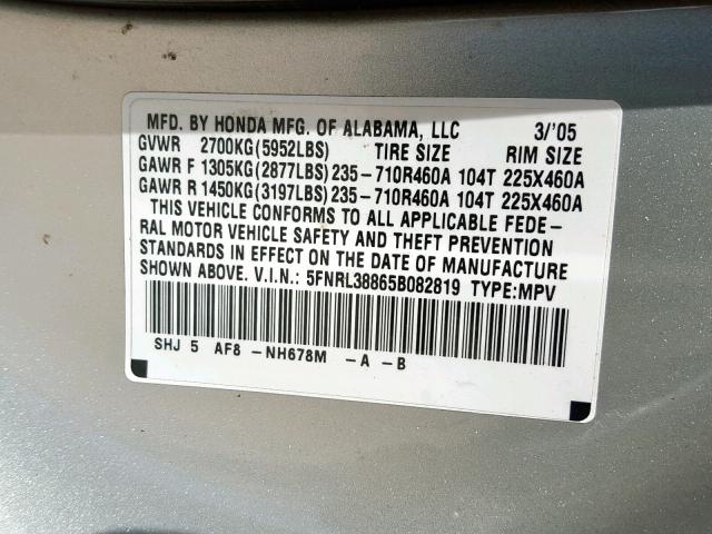 5FNRL38865B082819 - 2005 HONDA ODYSSEY TO SILVER photo 10