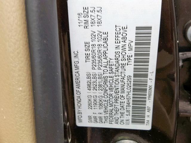 5J8TB4H57HL025259 - 2017 ACURA RDX TECHNO BROWN photo 10