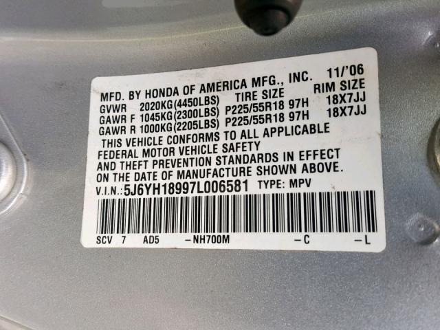 5J6YH18997L006581 - 2007 HONDA ELEMENT SC SILVER photo 10