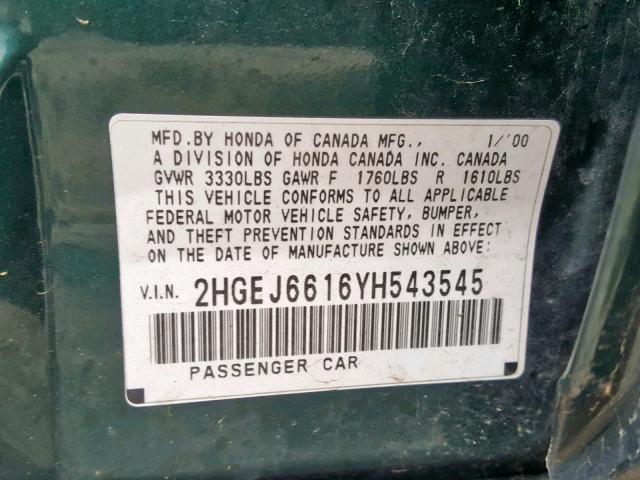 2HGEJ6616YH543545 - 2000 HONDA CIVIC BASE GREEN photo 10