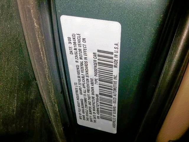 4S3BH6752Y7655480 - 2000 SUBARU LEGACY OUT GREEN photo 10