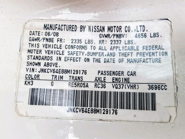 JNKCV64E88M129176 - 2008 INFINITI G37 BASE WHITE photo 10