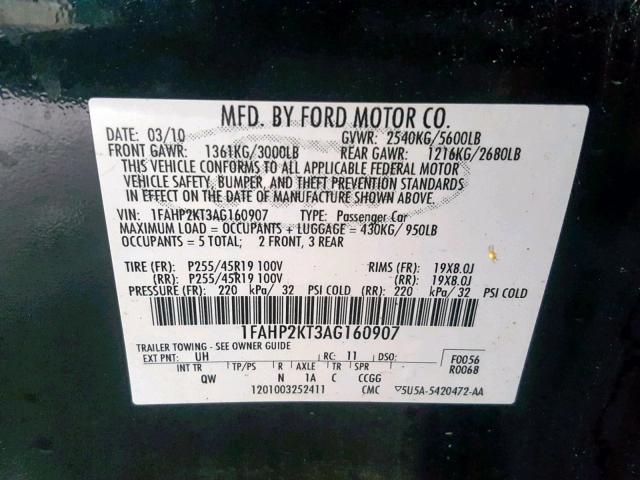 1FAHP2KT3AG160907 - 2010 FORD TAURUS SHO BLACK photo 10