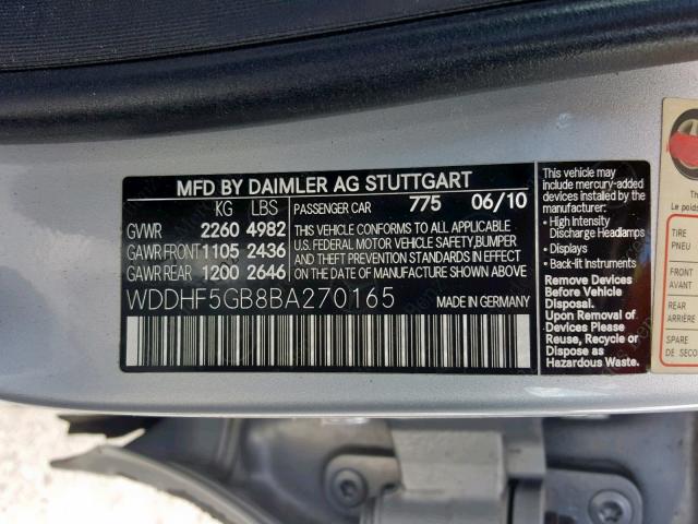 WDDHF5GB8BA270165 - 2011 MERCEDES-BENZ E 350 SILVER photo 10