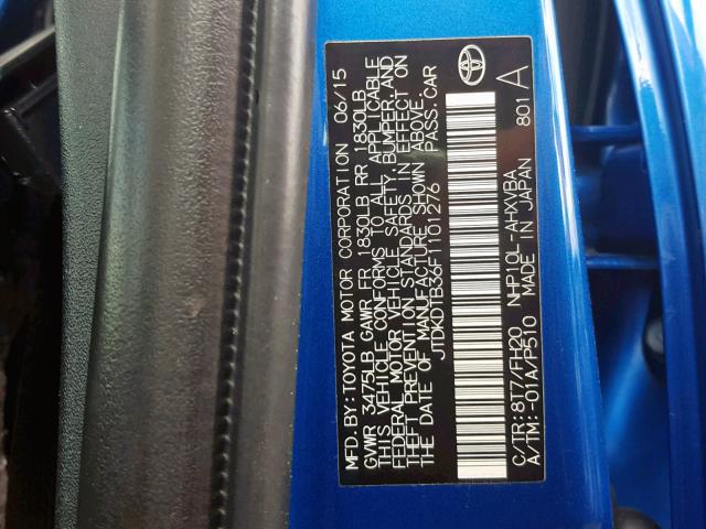 JTDKDTB36F1101276 - 2015 TOYOTA PRIUS C BLUE photo 10