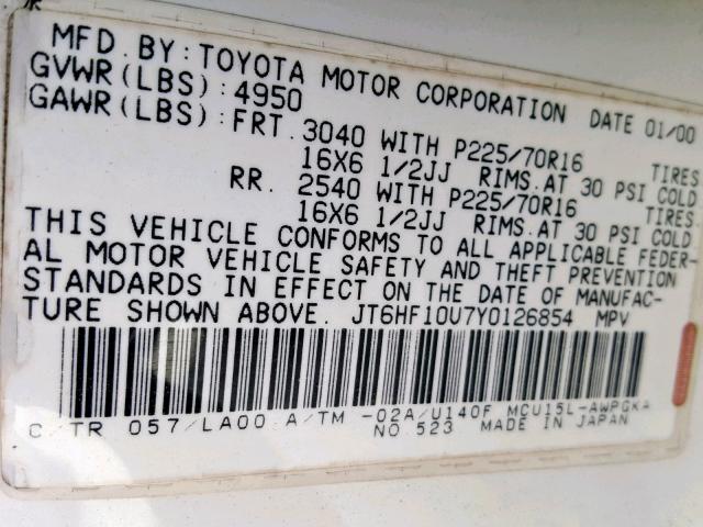 JT6HF10U7Y0126854 - 2000 LEXUS RX 300 WHITE photo 10