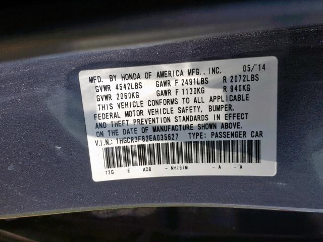 1HGCR3F82EA035627 - 2014 HONDA ACCORD EXL GRAY photo 10