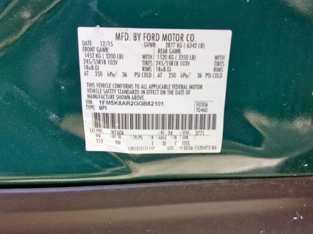 1FM5K8AR2GGB82101 - 2016 FORD EXPLORER P GREEN photo 10