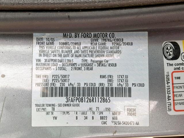 3FAFP08126R112865 - 2006 FORD FUSION SEL GRAY photo 10