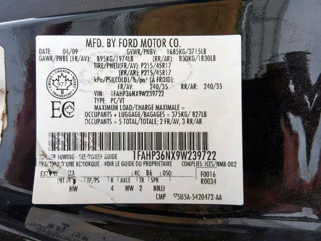 1FAHP36NX9W239722 - 2009 FORD FOCUS SES BLACK photo 10