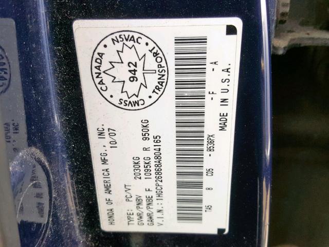 1HGCP26868A804165 - 2008 HONDA ACCORD EXL BLUE photo 10