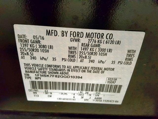 1FM5K7F82GGD10394 - 2016 FORD EXPLORER L BLACK photo 10