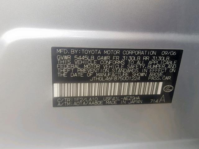 JTHGL46F875001224 - 2007 LEXUS LS 460L SILVER photo 10