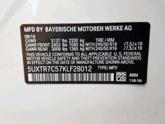 5UXTR7C57KLF28012 - 2019 BMW X3 SDRIVE3 WHITE photo 10