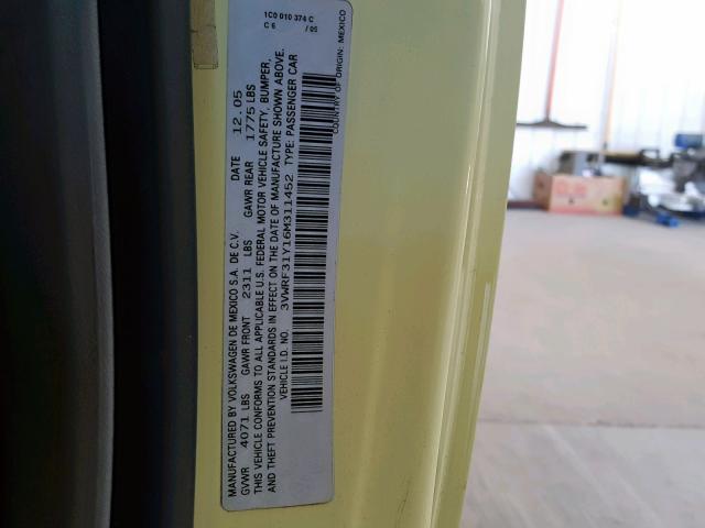 3VWRF31Y16M311452 - 2006 VOLKSWAGEN NEW BEETLE Sarı foto 10