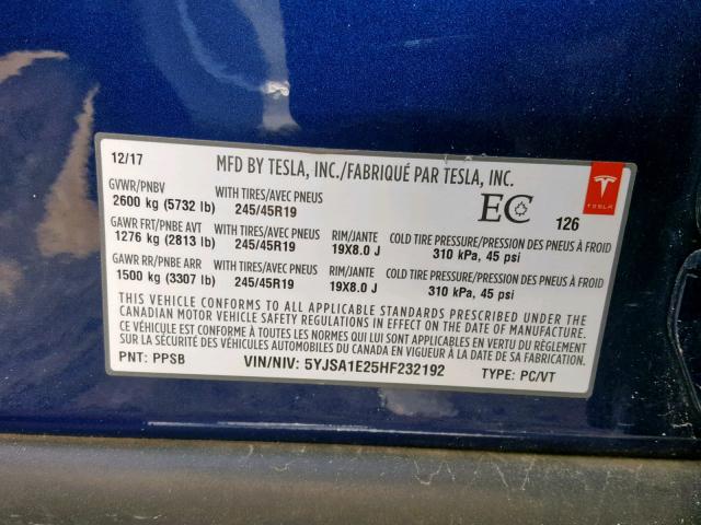 5YJSA1E25HF232192 - 2017 TESLA MODEL S أزرق صورة 10