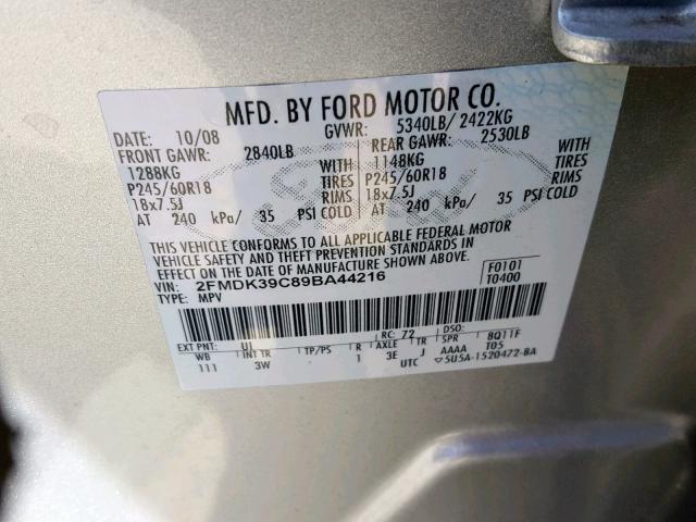 2FMDK39C89BA44216 - 2009 FORD EDGE LIMIT SILVER photo 10