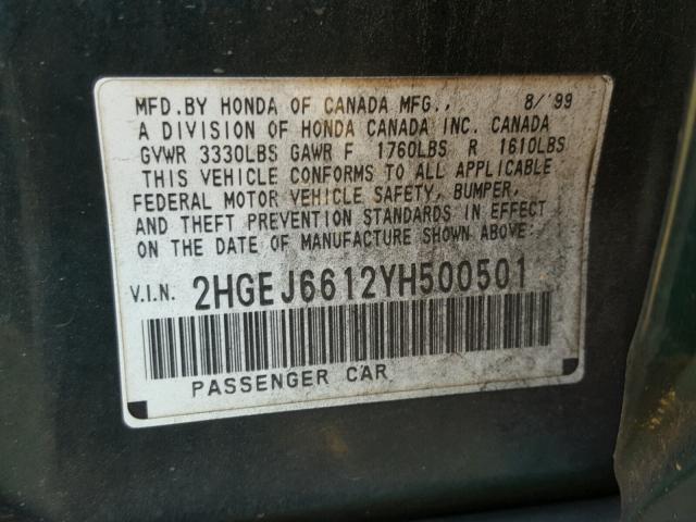 2HGEJ6612YH500501 - 2000 HONDA CIVIC BASE GREEN photo 10