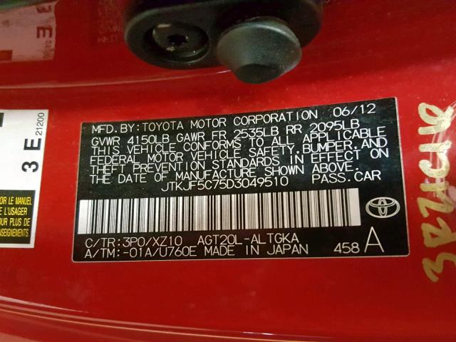 JTKJF5C75D3049510 - 2013 TOYOTA SCION TC წითელი ფოტო 10