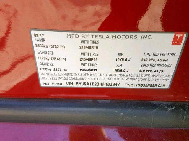 5YJSA1E23HF183347 - 2017 TESLA MODEL S RED photo 10