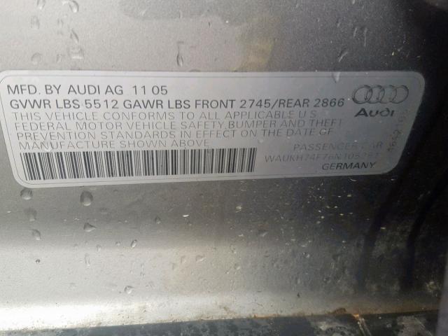 WAUKH74F76N105281 - 2006 AUDI A6 AVANT Q GRAY photo 10