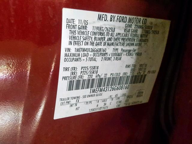 1MEFM43126G608160 - 2006 MERCURY MONTEGO PR 红色 照片 10