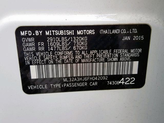 ML32A3HJ6FH042092 - 2015 MITSUBISHI MIRAGE DE WHITE photo 10