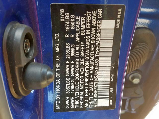 SHHFK7H45JU215489 - 2018 HONDA CIVIC SPOR BLUE photo 10