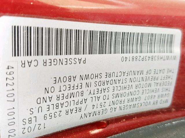 WVWTH63B43P288140 - 2003 VOLKSWAGEN PASSAT GLX 红色 照片 10