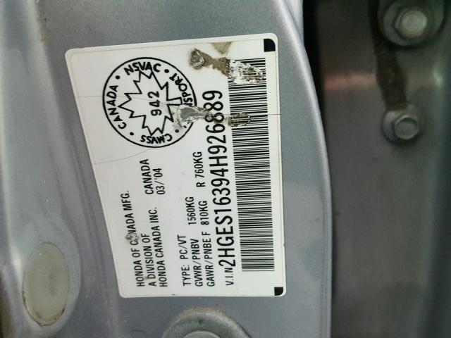 2HGES16394H926889 - 2004 HONDA CIVIC DX V SILVER photo 10