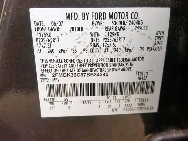 2FMDK36C87BB34340 - 2007 FORD EDGE SE BLACK photo 10