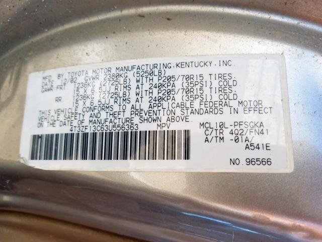 4T3ZF13C63U556363 - 2003 TOYOTA SIENNA LE  photo 10