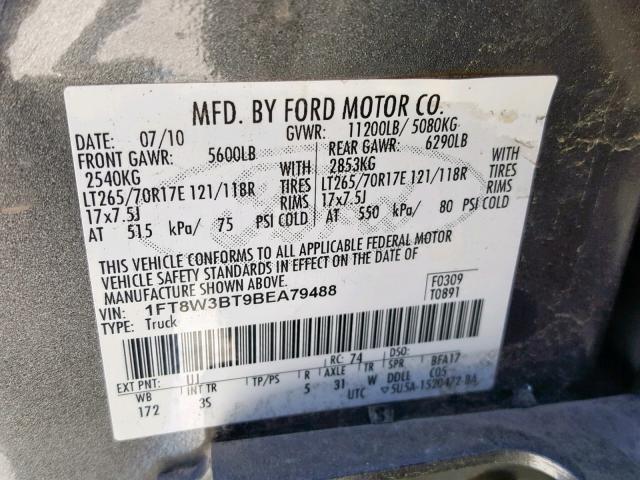 1FT8W3BT9BEA79488 - 2011 FORD F-350 GRAY photo 10