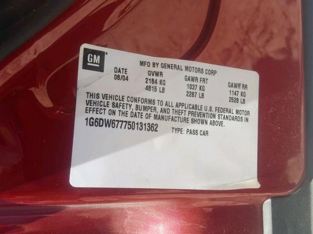 1G6DW677750131362 - 2005 CADILLAC STS RED photo 10