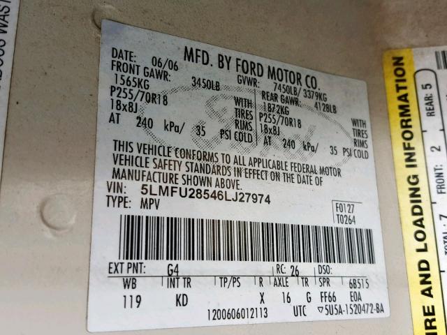 5LMFU28546LJ27974 - 2006 LINCOLN NAVIGATOR Blanc photo 10