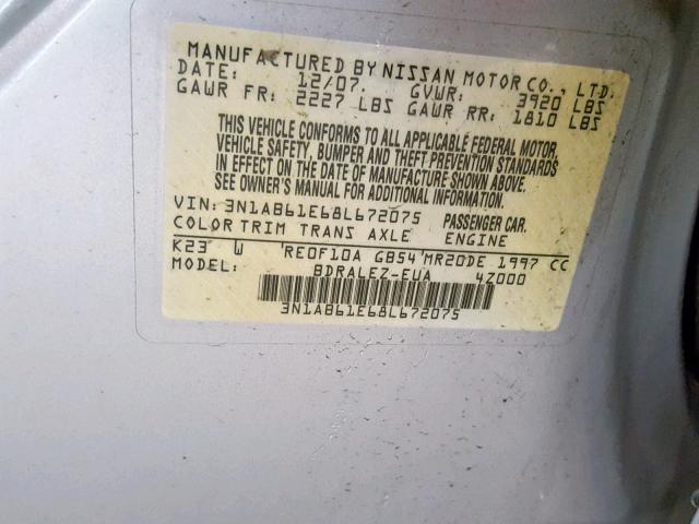 3N1AB61E68L672075 - 2008 NISSAN SENTRA 2.0 SILVER photo 10