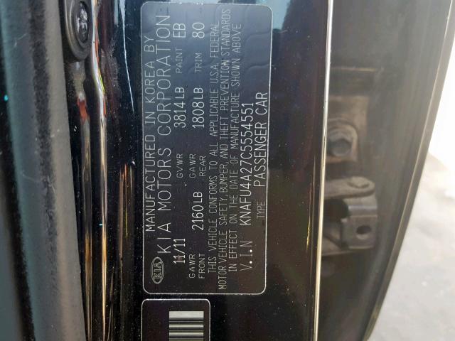 KNAFU4A27C5554551 - 2012 KIA FORTE EX BLACK photo 10