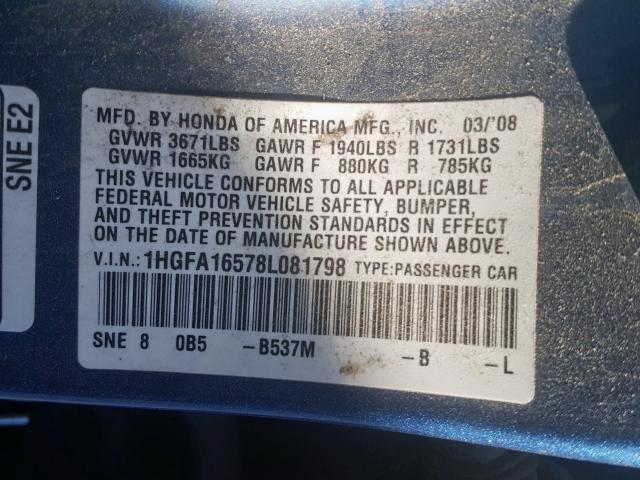 1HGFA16578L081798 - 2008 HONDA CIVIC LX  photo 10