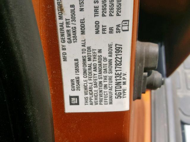 5GTDN13E178221997 - 2007 HUMMER H3 ORANGE photo 10