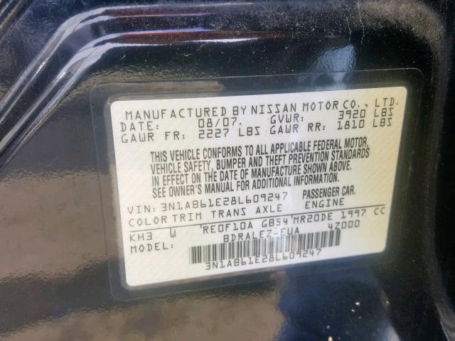 3N1AB61E28L609247 - 2008 NISSAN SENTRA 2.0 BLACK photo 10