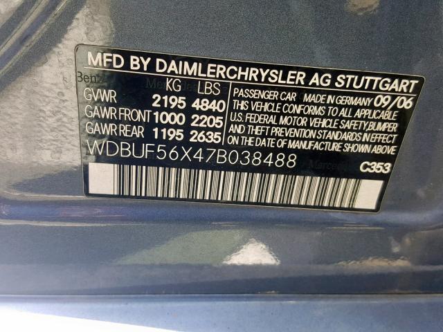 WDBUF56X47B038488 - 2007 MERCEDES-BENZ E 350 BLUE photo 10