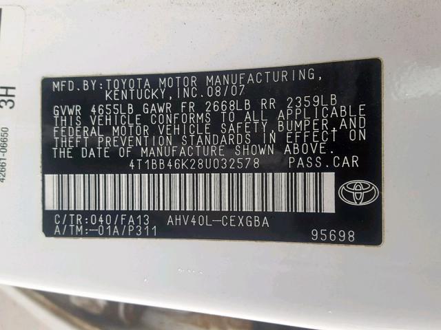 4T1BB46K28U032578 - 2008 TOYOTA CAMRY HYBR WHITE photo 10