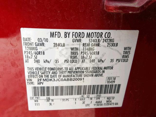 2FMDK3JC0ABB20091 - 2010 FORD EDGE SEL RED photo 10