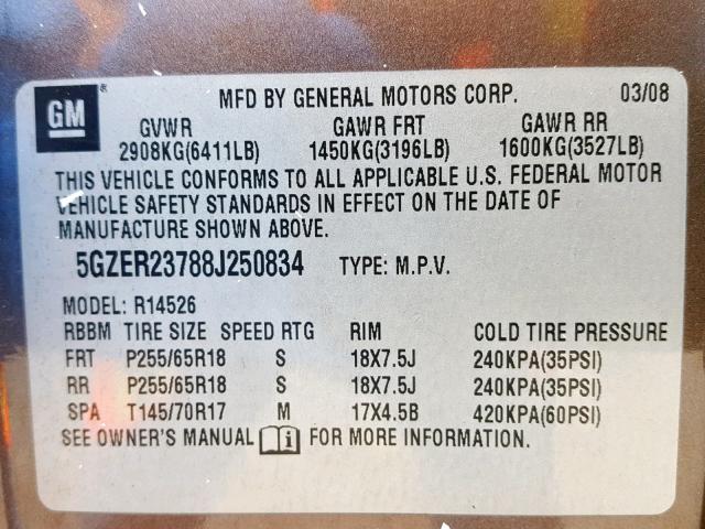 5GZER23788J250834 - 2008 SATURN OUTLOOK XR Qəhvəyi foto 10