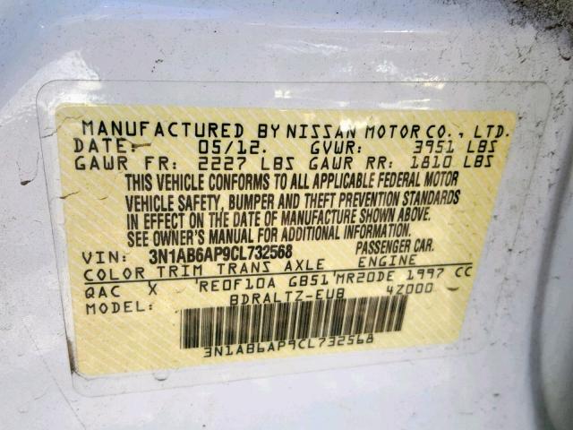 3N1AB6AP9CL732568 - 2012 NISSAN SENTRA 2.0 WHITE photo 10