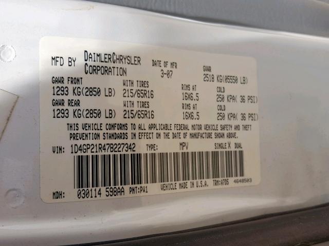 1D4GP21R47B227342 - 2007 DODGE CARAVAN C/ WHITE photo 10