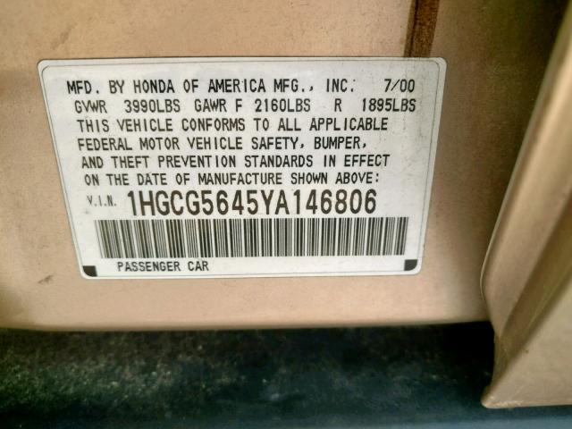 1HGCG5645YA146806 - 2000 HONDA ACCORD LX BEIGE photo 10