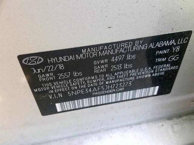 5NPE34AF5JH723273 - 2018 HYUNDAI SONATA SPO SILVER photo 10