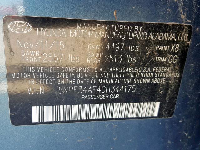 5NPE34AF4GH344175 - 2016 HYUNDAI SONATA SPO BLUE photo 10