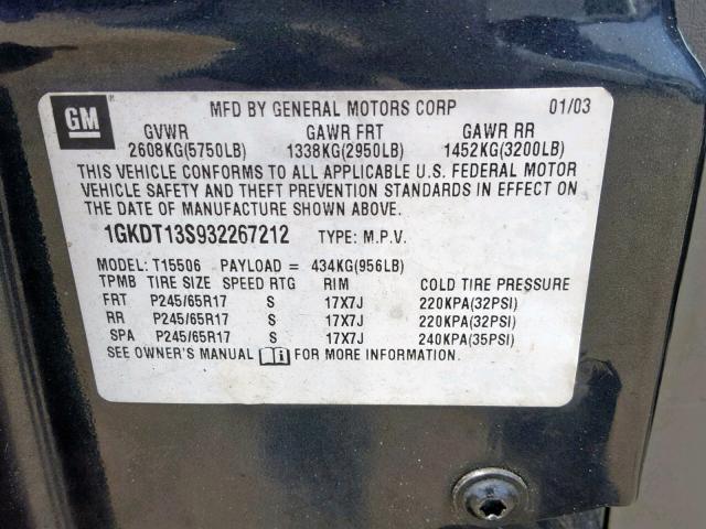 1GKDT13S932267212 - 2003 GMC ENVOY CHARCOAL photo 10